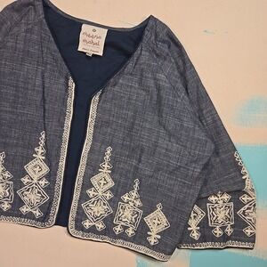 Meena Mahal M/L Cropped Kimono Jacket Blue White Embroider Open Front Lined Boho